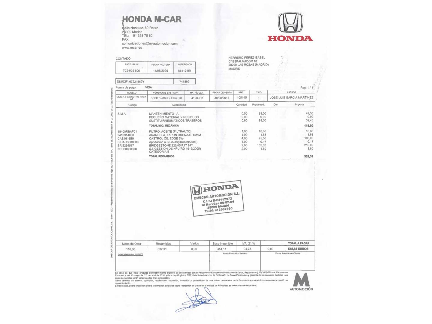 Foto del mantenimiento del Honda Civic Honda Civic 1.8 i-VTEC Executive Pack  (142 CV)