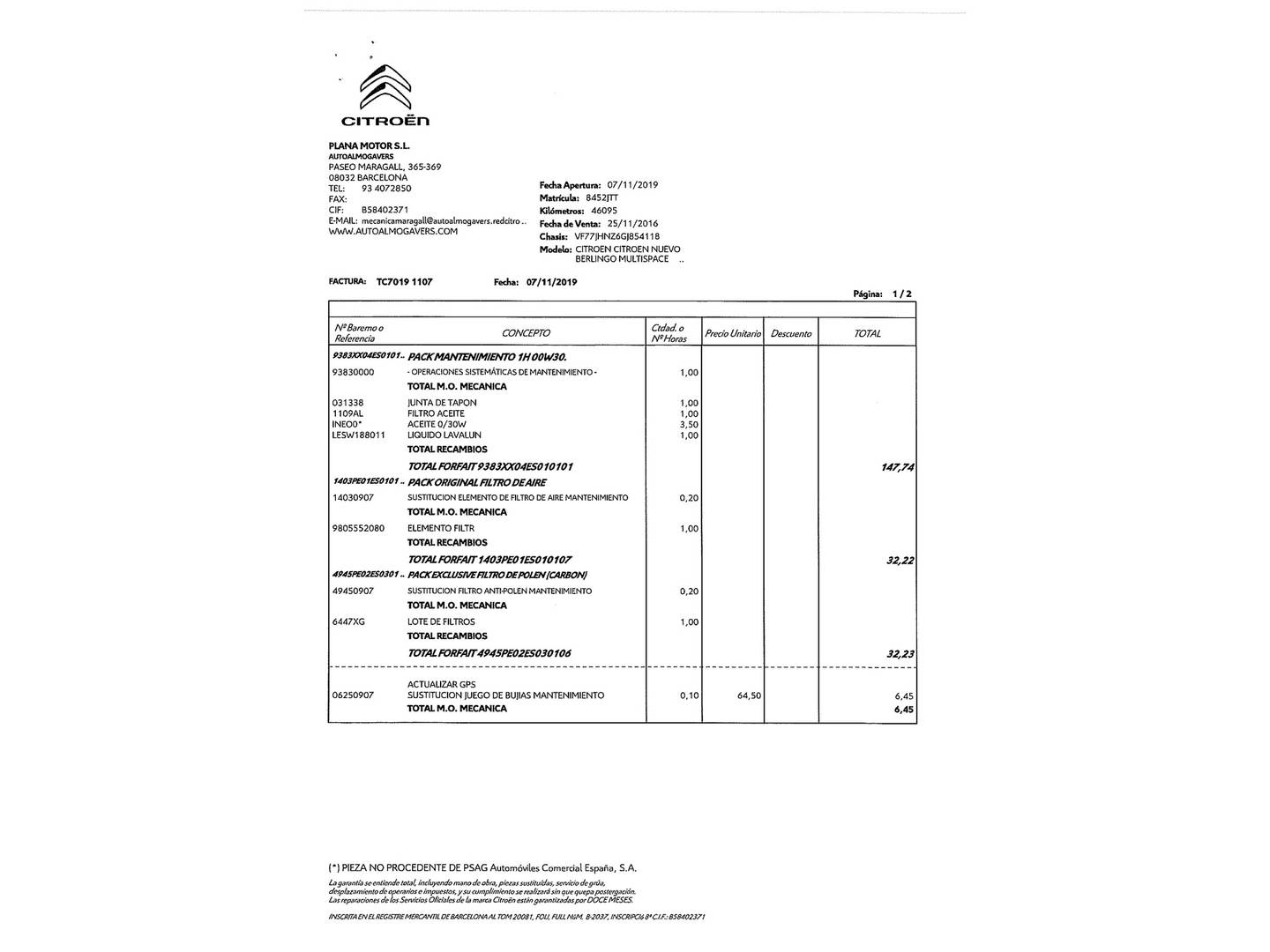 Foto del mantenimiento del Citroën Berlingo Citroën Berlingo Combi PureTech 110 Multispace 20 Aniversario (110 CV)