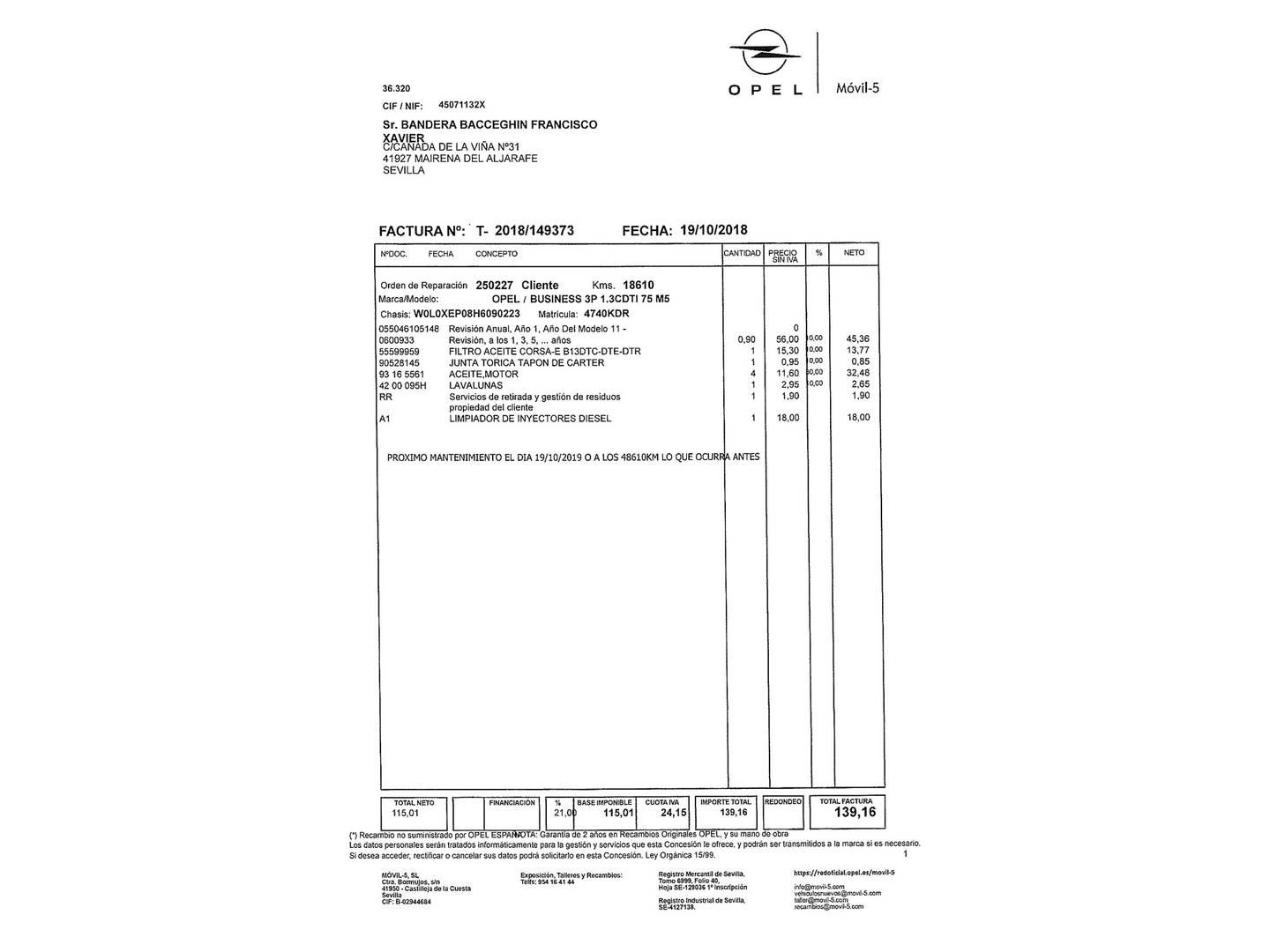 Foto del mantenimiento del Opel Corsa Opel Corsa 1.3 CDTI Business (75 CV)