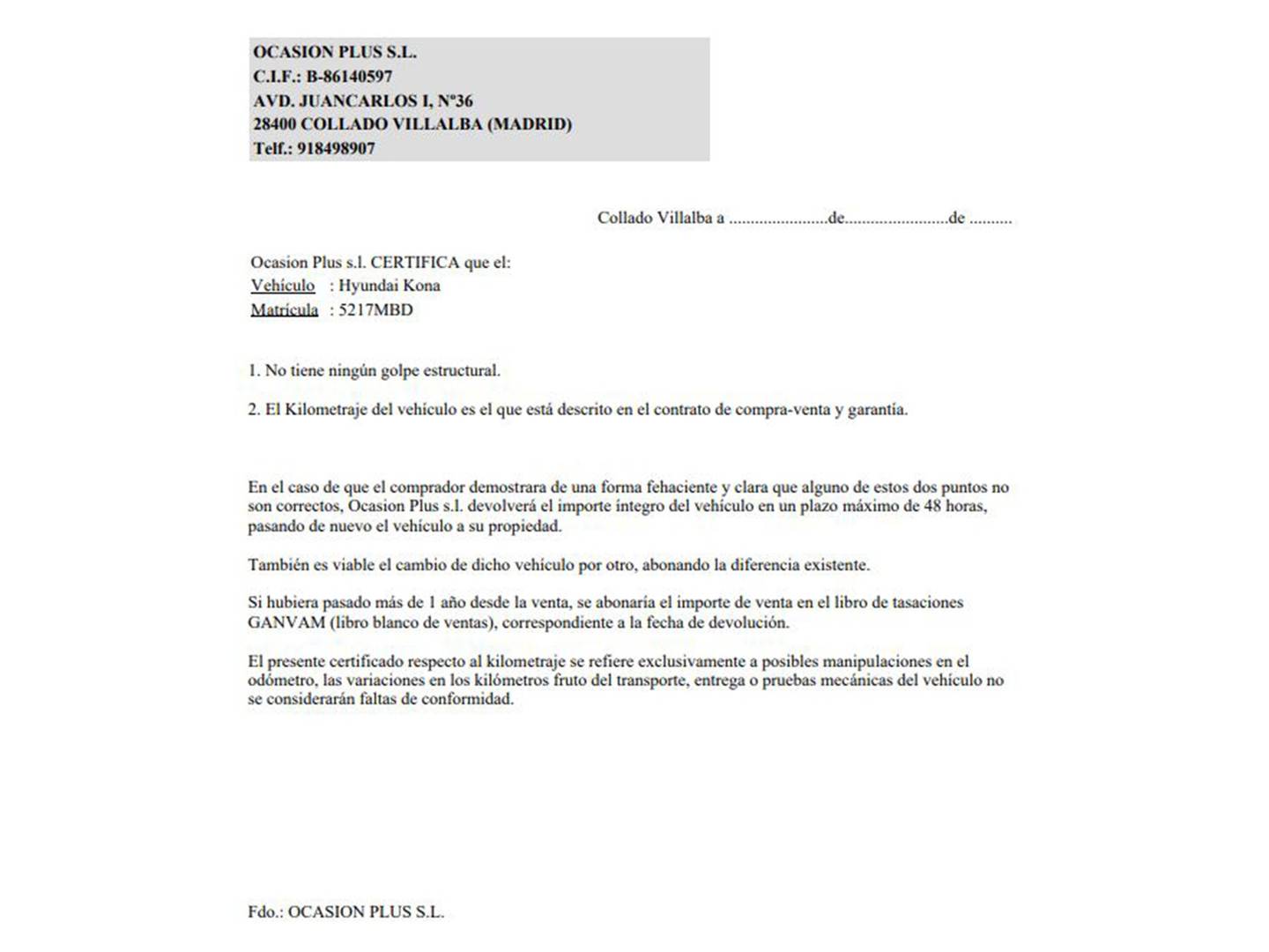 Foto del certificado del Hyundai Kona Hyundai Kona 1.0 TGDi N Line 30 Aniversario 4x2 (120 CV)