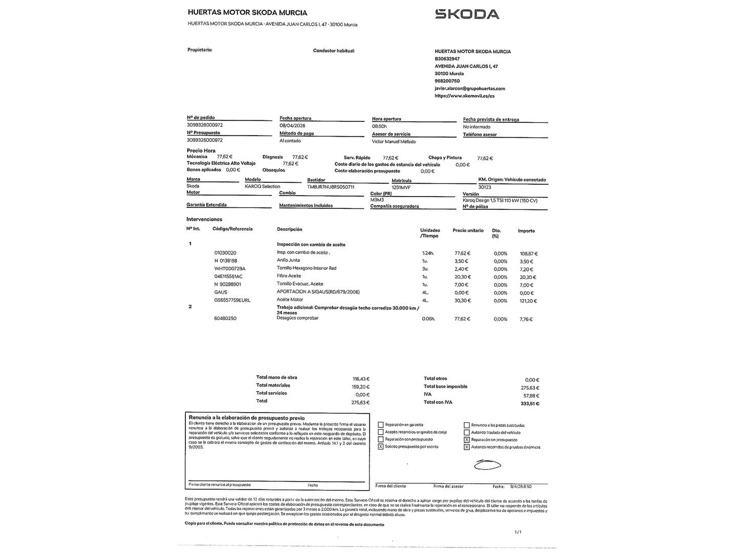 Foto del mantenimiento del Skoda Karoq Skoda Karoq 1.5 TSI ACT Design DSG (150 CV)