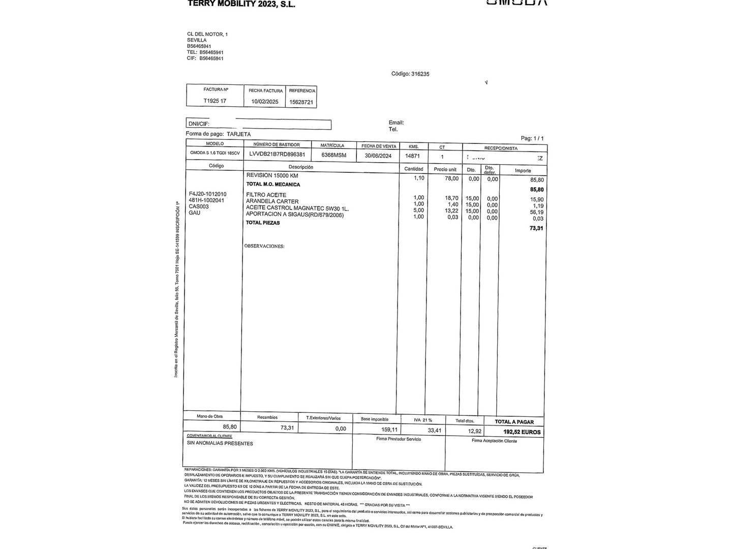 Foto del mantenimiento del OMODA 5 OMODA 5 1.6 T-GDI Premium DCT (185 CV)