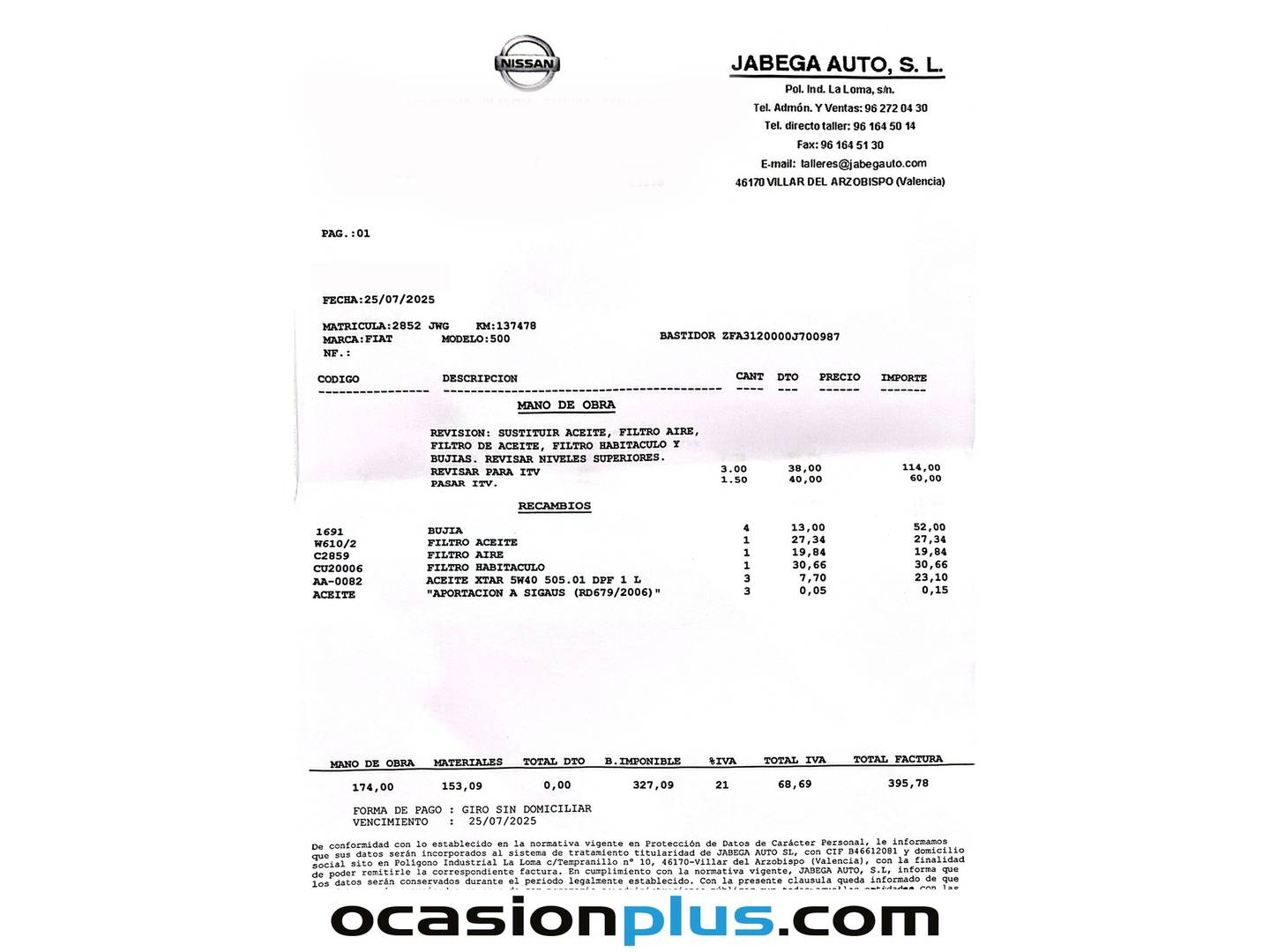 Foto del mantenimiento del Fiat 500 Fiat 500 1.2 Pop (69 CV)