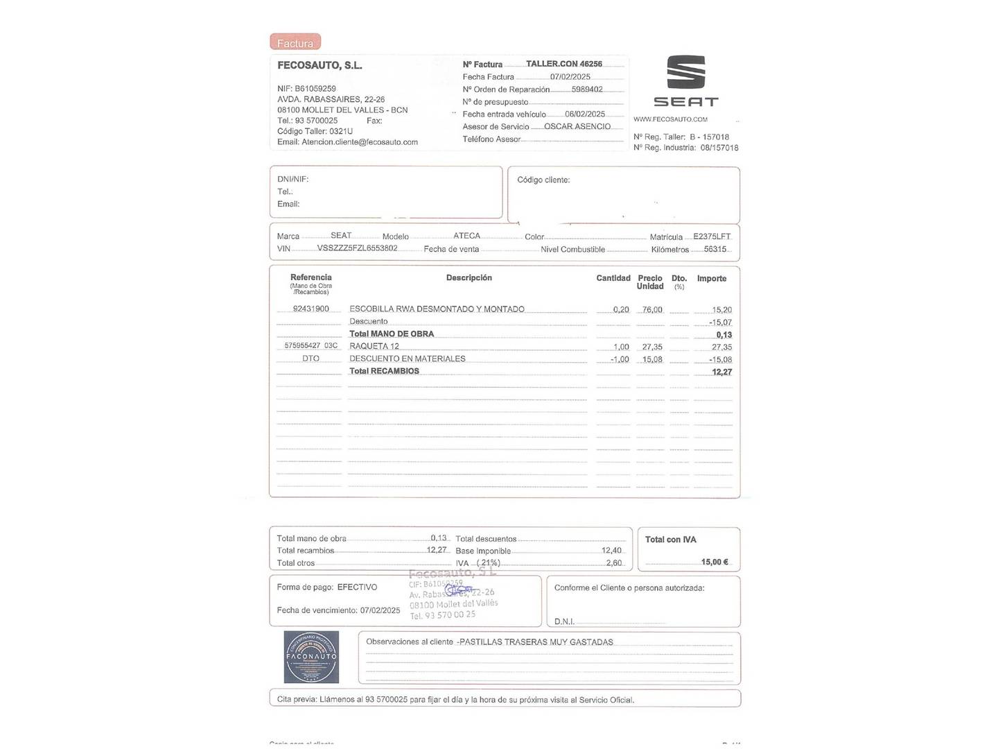 Foto del mantenimiento del Seat Ateca Seat Ateca 1.0 TSI S&S Ecomotive Reference Edition (115 CV)