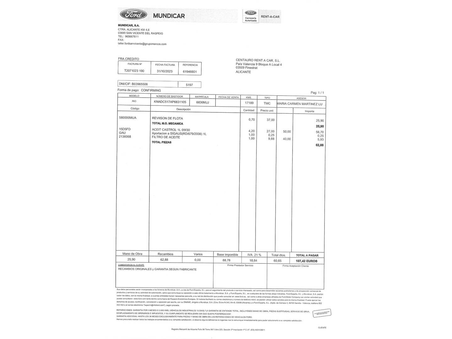 Foto del mantenimiento del KIA Rio KIA Rio 1.0 T-GDi MHEV iMT Drive (100 CV)