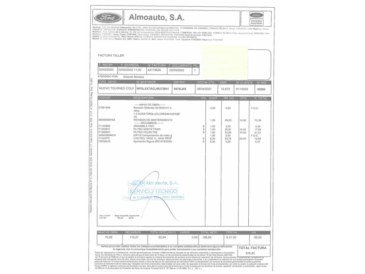 Foto del mantenimiento del Ford Tourneo Courier Ford Tourneo Courier 1.5 TDCi Sport (100 CV)