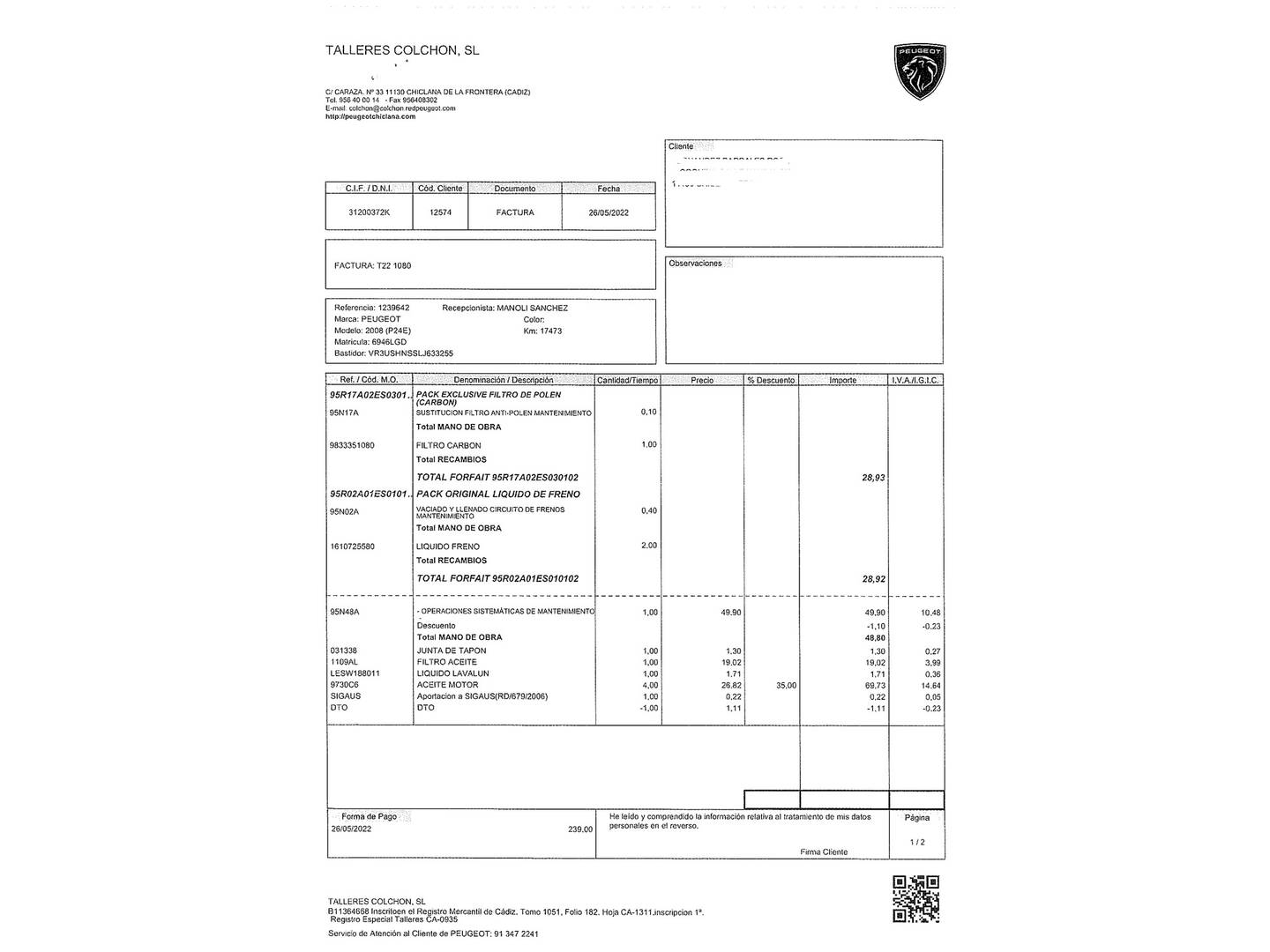 Foto del mantenimiento del Peugeot 2008 Peugeot 2008 PureTech 130 S&S Allure EAT8 (130 CV)