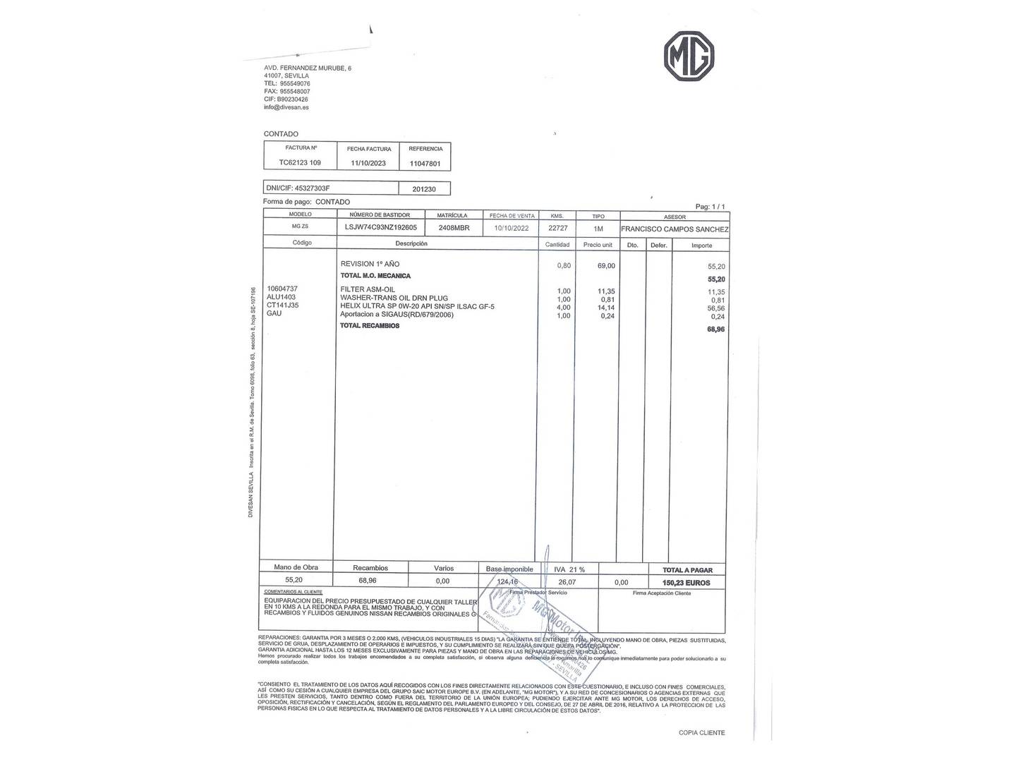 Foto del mantenimiento del MG ZS MG ZS 1.0T Luxury Auto (111 CV)