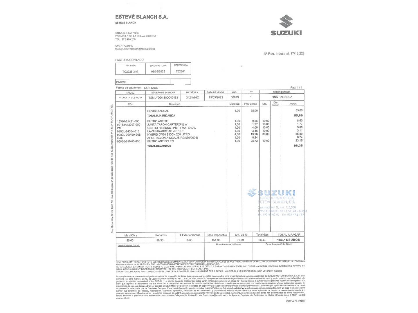 Foto del mantenimiento del Suzuki Vitara Suzuki Vitara 1.4 T Mild Hybrid GLE (129 CV)