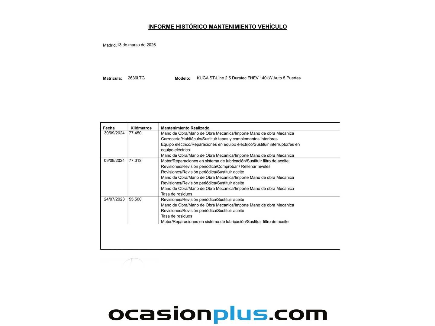 Foto del mantenimiento del Ford Kuga Ford Kuga 2.5 Duratec FHEV ST-Line Auto (190 CV)