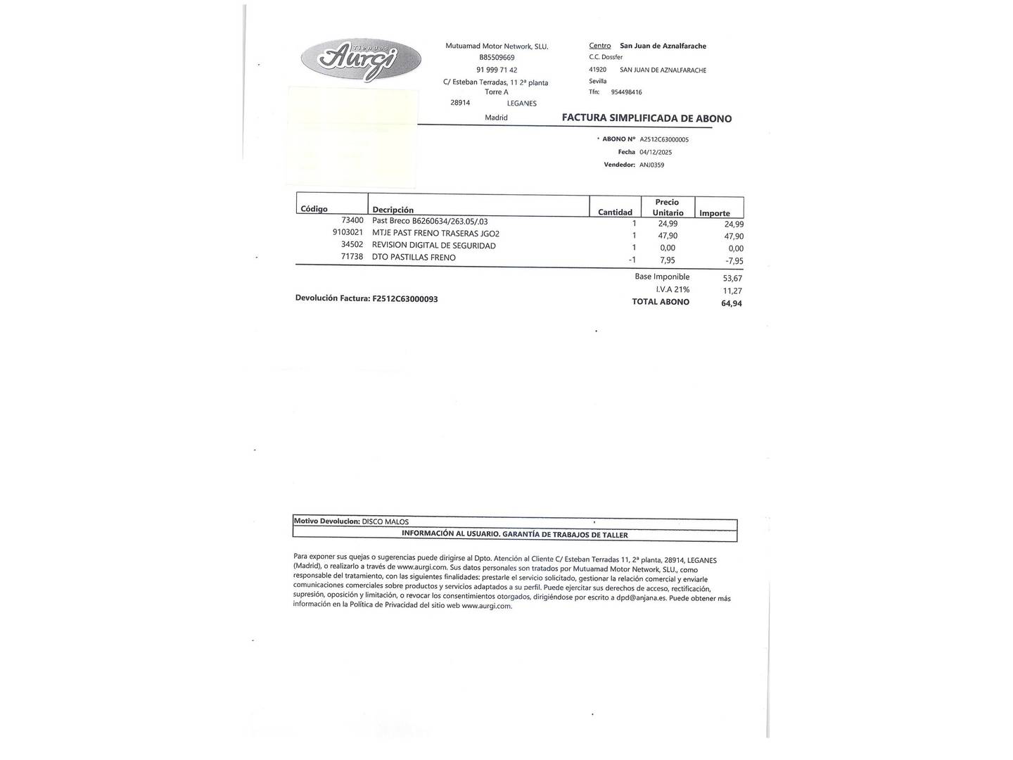 Foto del mantenimiento del Skoda Spaceback Skoda Spaceback 1.2 TSI Like Spaceback (90 CV)