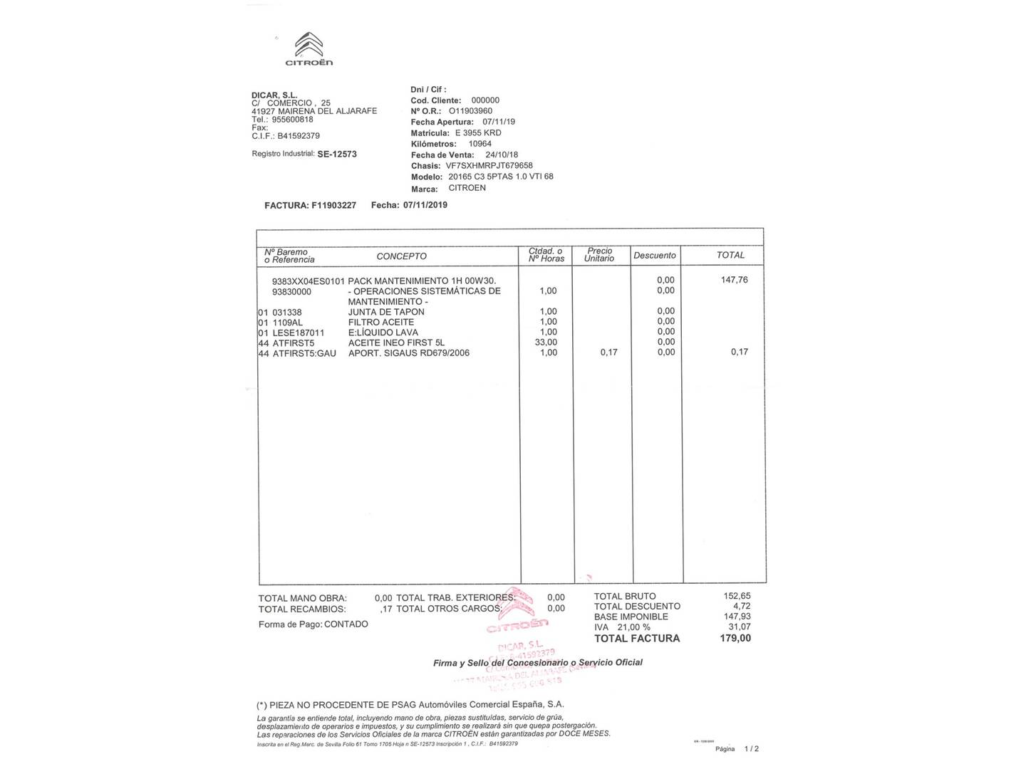 Foto del mantenimiento del Citroën C3 Citroën C3 PureTech 82 Feel (83 CV)
