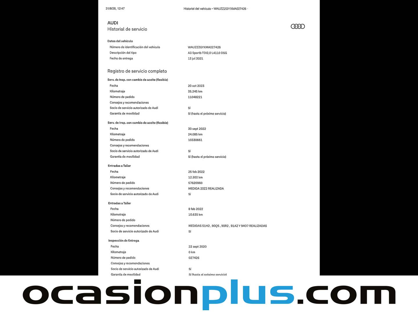 Foto del mantenimiento del Audi A3 Audi A3 Sportback S line 35 TDI (150 CV) S tronic