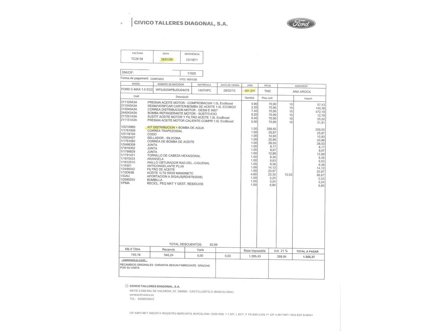 Foto del mantenimiento del Ford C-Max Ford C-Max 1.0 EcoBoost S&S Titanium (125 CV)