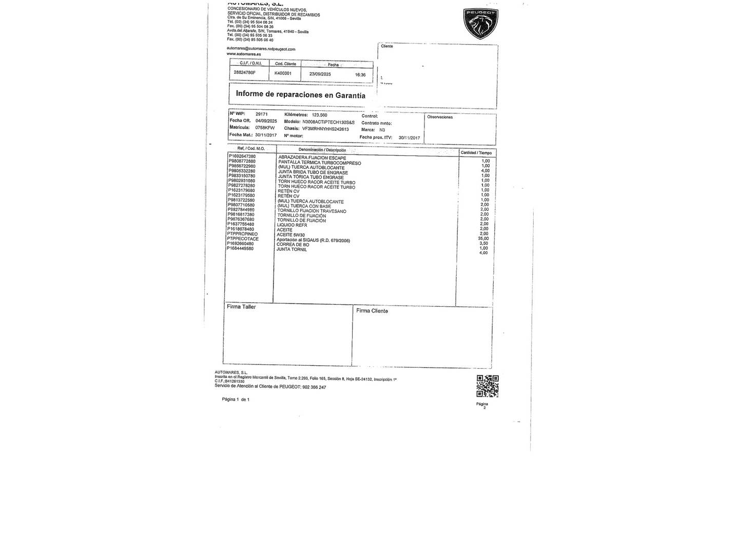 Foto del mantenimiento del Peugeot 3008 Peugeot 3008 PureTech 130 S&S Active (130 CV)