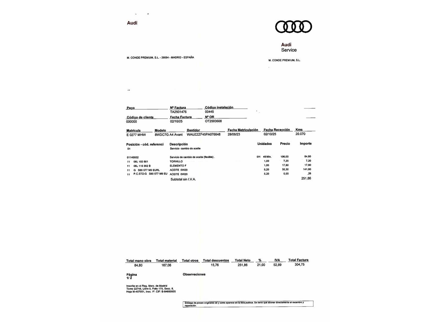 Foto del mantenimiento del Audi A4 Audi A4 Avant S line 35 TFSI (150 CV) S tronic