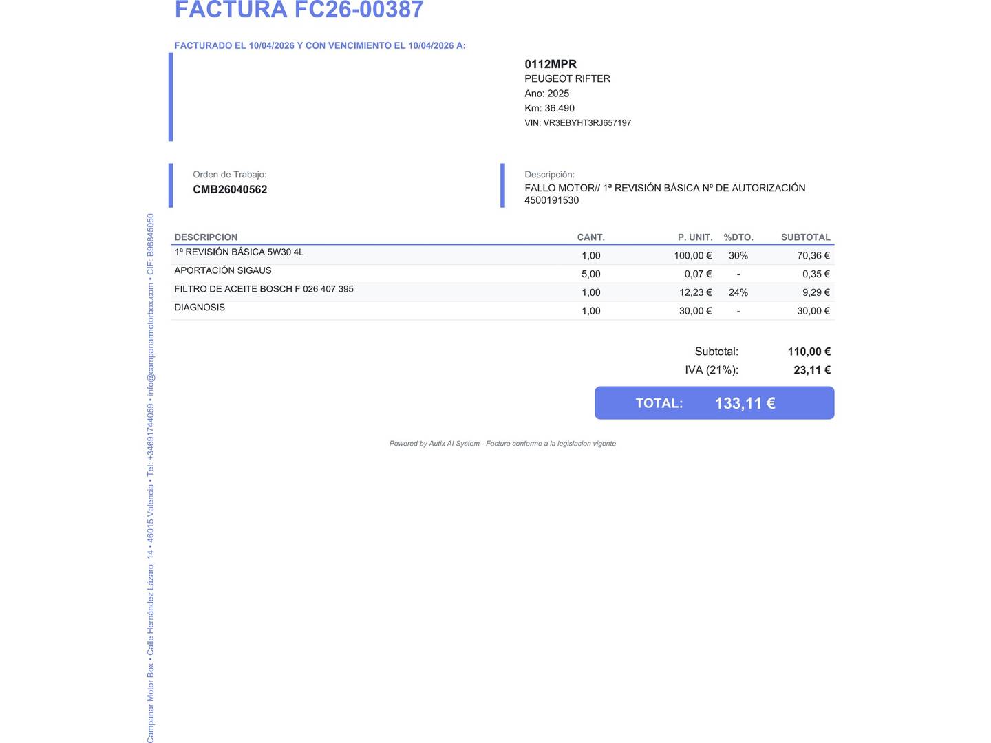 Foto del mantenimiento del Peugeot Rifter Peugeot Rifter BlueHDi 100 Allure (100 CV)