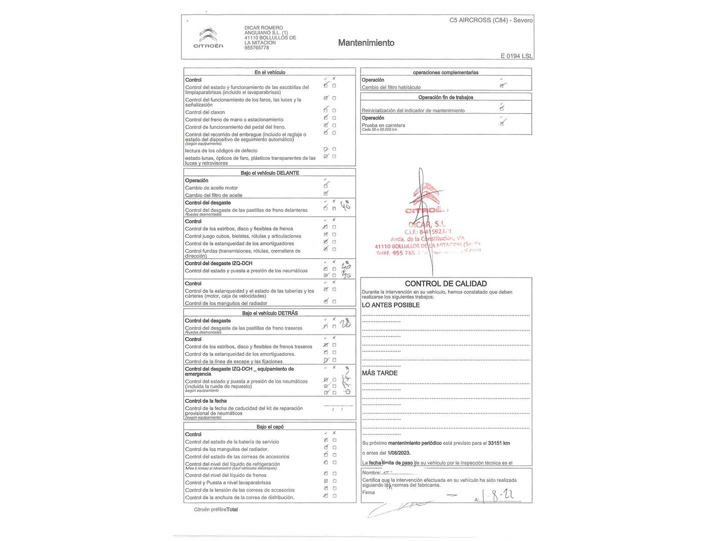 Foto del mantenimiento del Citroën C5 Aircross Citroën C5 Aircross PureTech 130 S&S Live Pack (131 CV)