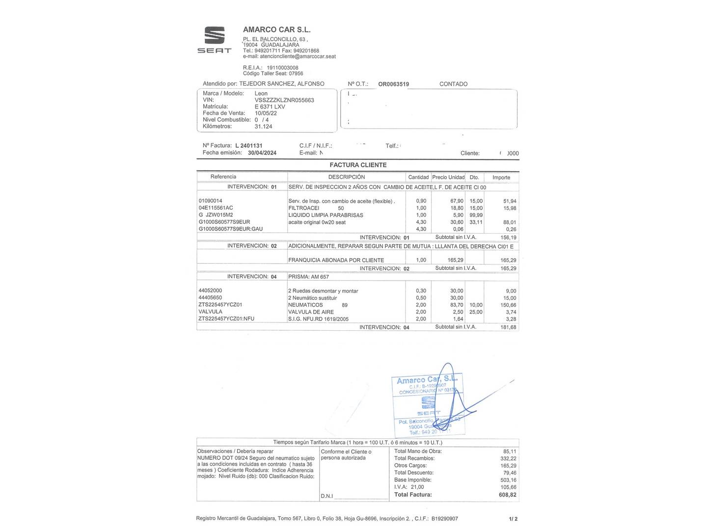 Foto del mantenimiento del Seat León SEAT León 1.5 TSI S&S FR Go L (150 CV)