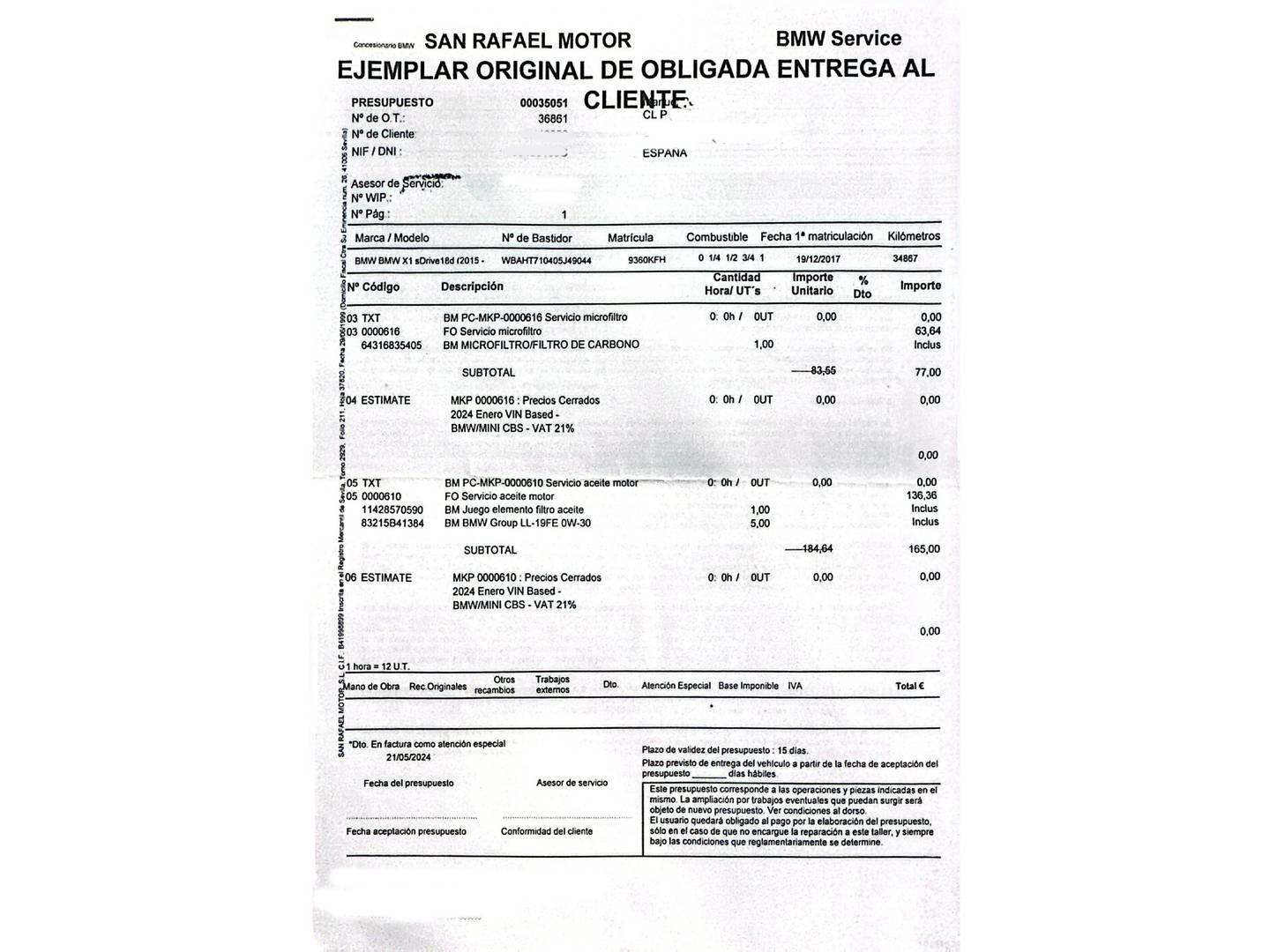 Foto del mantenimiento del BMW X1 BMW X1 sDrive18d (150 CV)