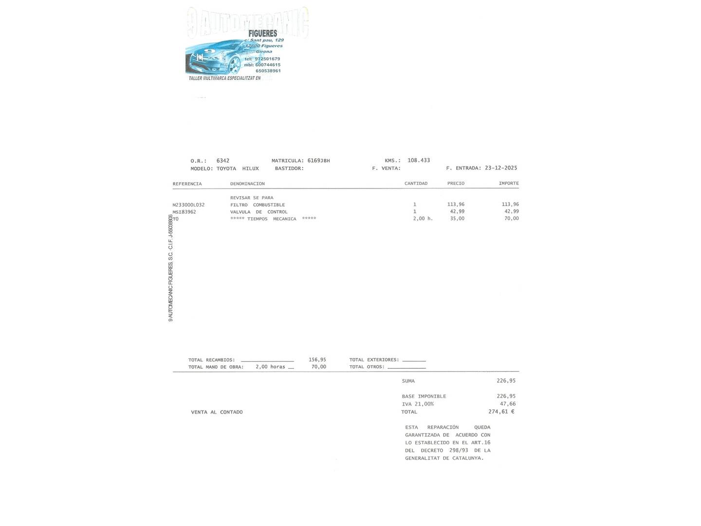 Foto del mantenimiento del Toyota Hilux Toyota Hilux 2.5 D-4D Doble Cabina GX 4x4  (144 CV)