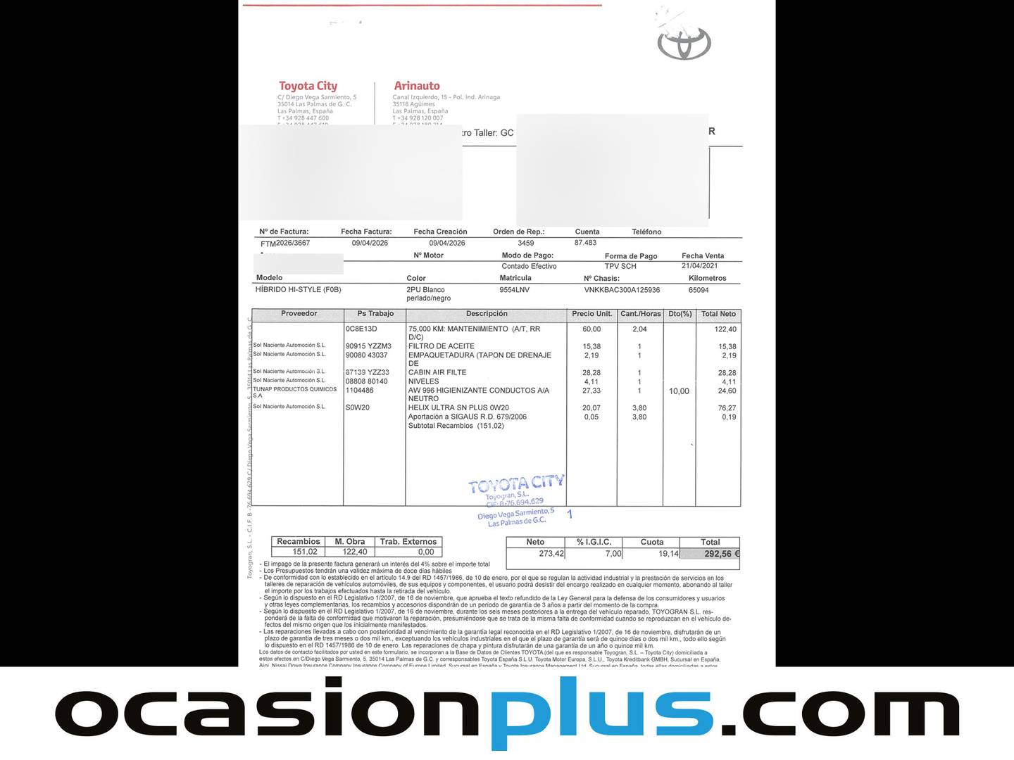 Foto del mantenimiento del Toyota Yaris Toyota Yaris 120H Style (116 CV)