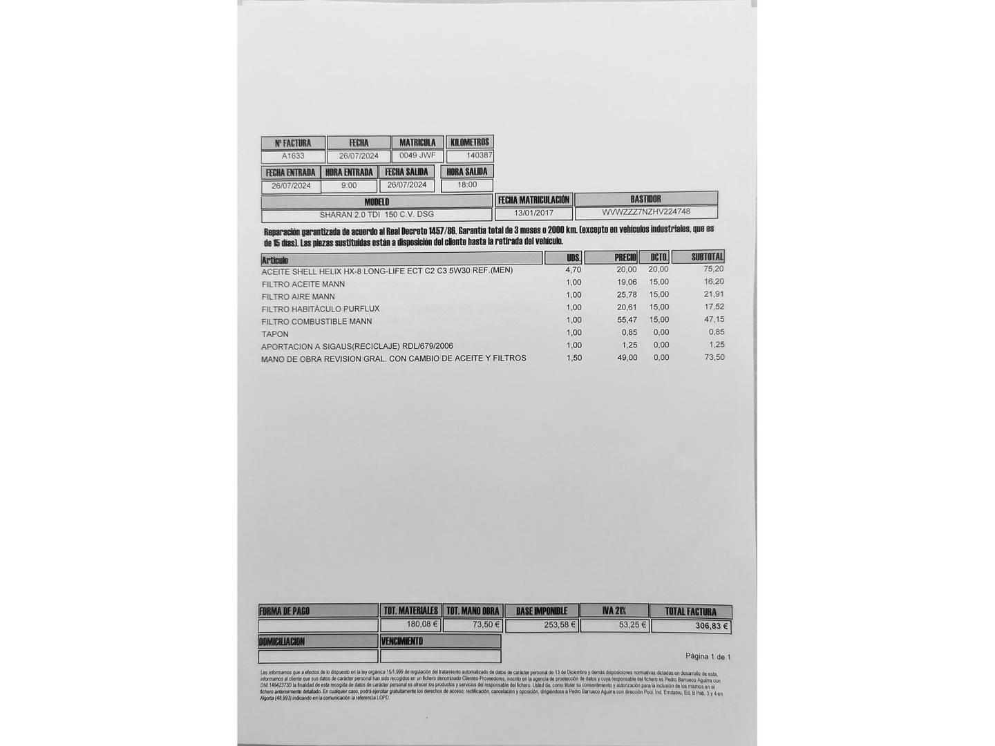 Foto del mantenimiento del Volkswagen Sharan Volkswagen Sharan Sport 2.0 TDI BMT (150 CV) DSG 7 Plazas