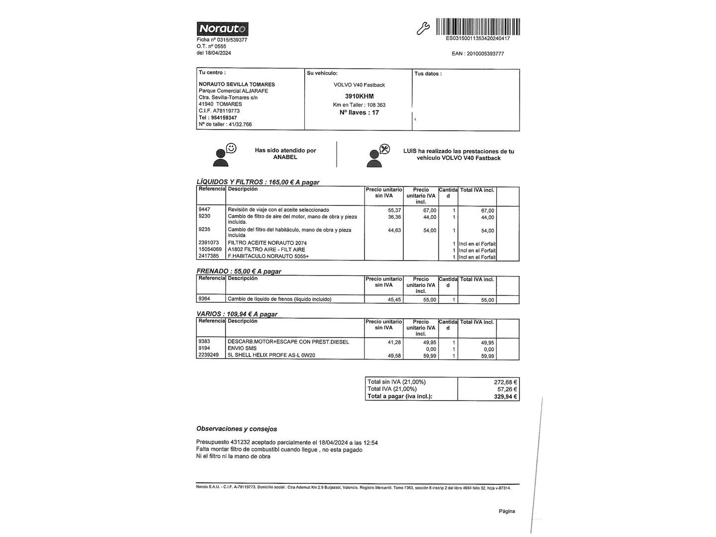 Foto del mantenimiento del Volvo V40 Cross Country Volvo V40 Cross Country Cross Country D2 (120 CV)