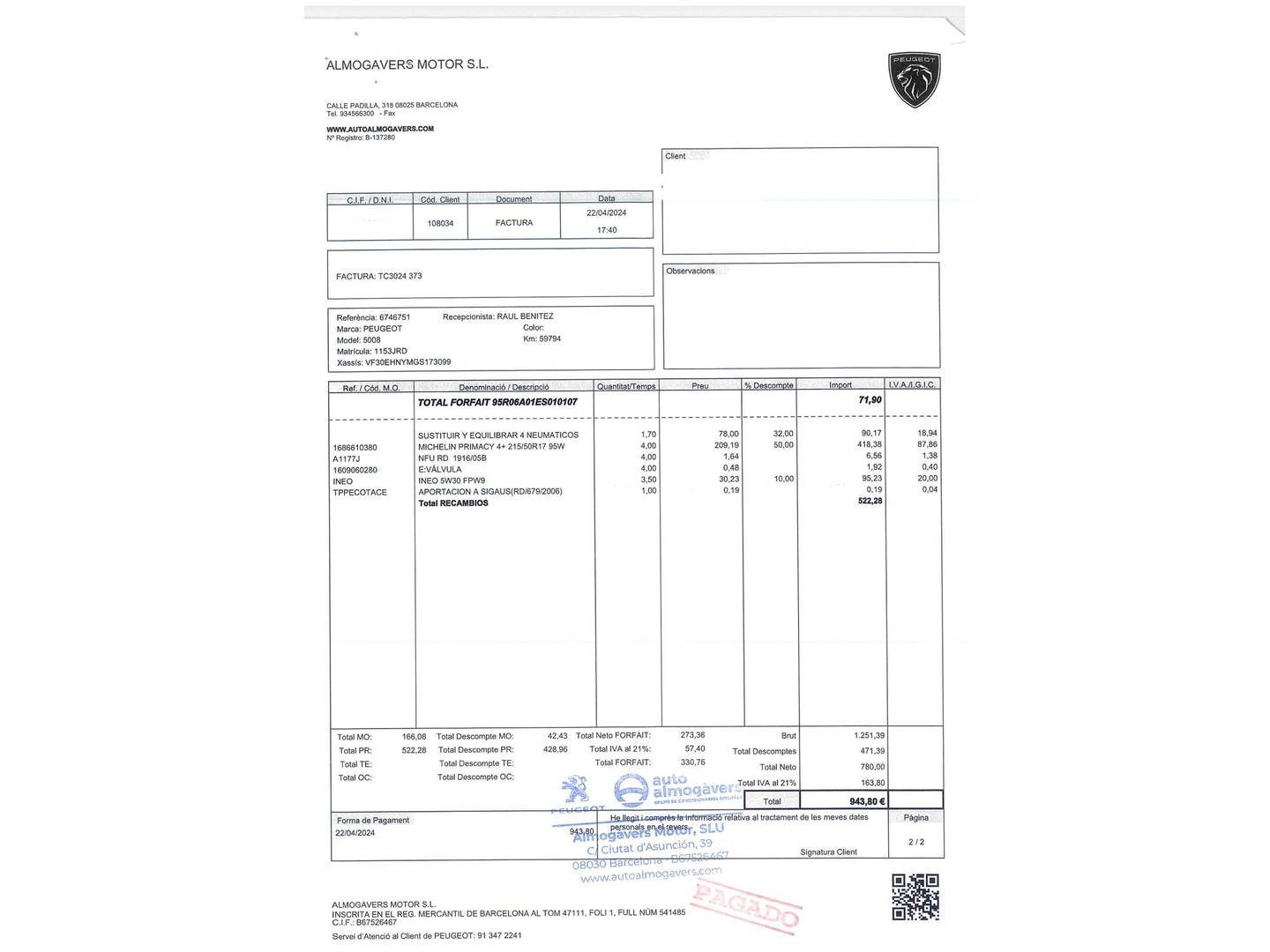 Foto del mantenimiento del Peugeot 5008 Peugeot 5008 Allure 1.2 PureTech S&S (130 CV) 7 Plazas