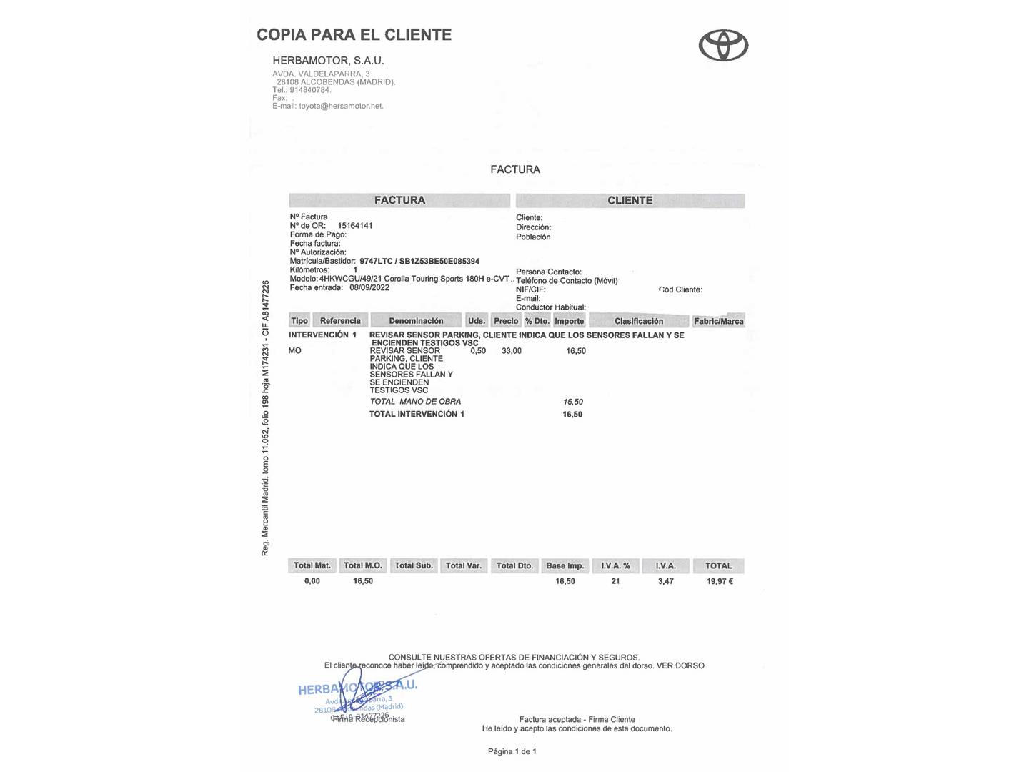 Foto del mantenimiento del Toyota Corolla Toyota Corolla Touring Sports 180H Advance E-CVT (180 CV)