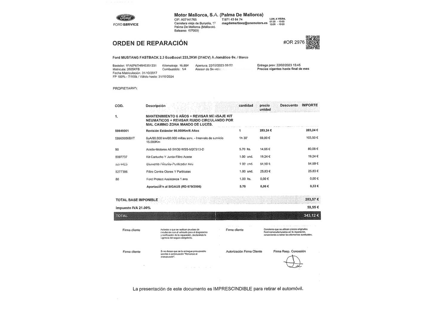 Foto del mantenimiento del Ford Mustang Ford Mustang 2.3 EcoBoost Mustang Auto Fastback (314 CV)
