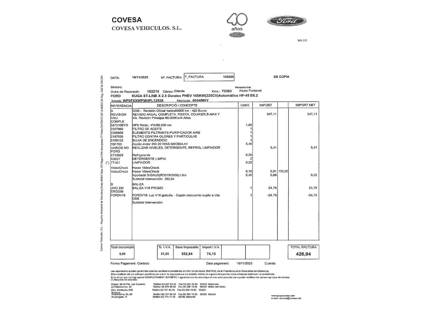 Foto del mantenimiento del Ford Kuga Ford Kuga 2.5 Duratec PHEV ST-Line X Auto (225 CV)