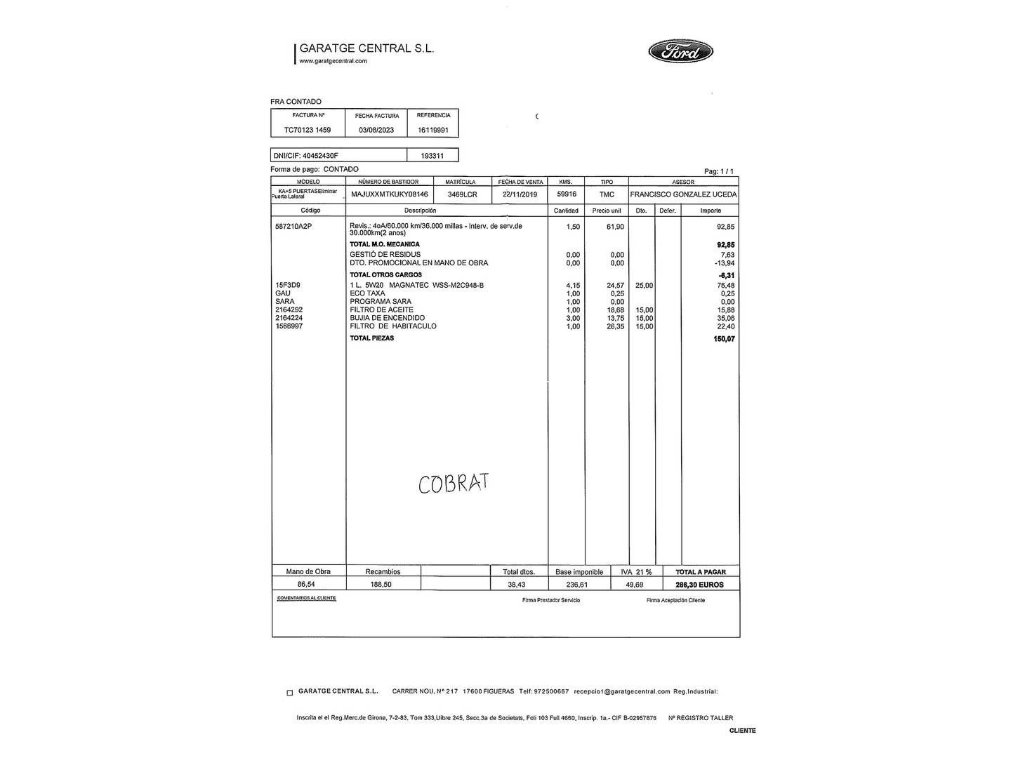 Foto del mantenimiento del Ford Ka+ Ford Ka+ 1.2 Ti-VCT Active (85 CV)