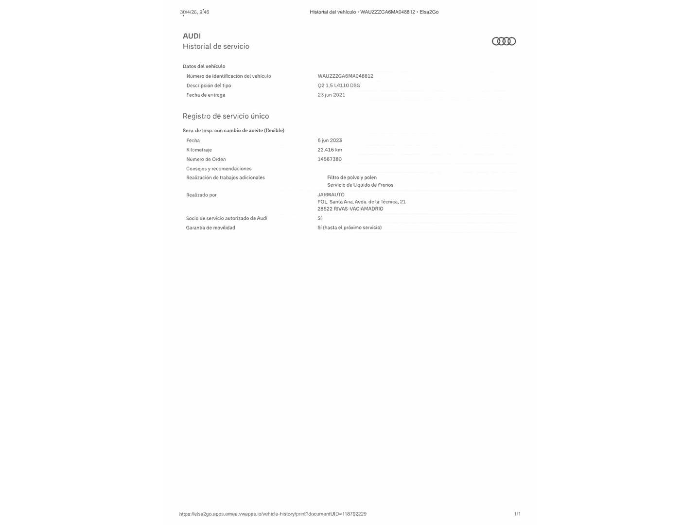Foto del mantenimiento del Audi Q2 Audi Q2 S line 35 TFSI (150 CV) S tronic