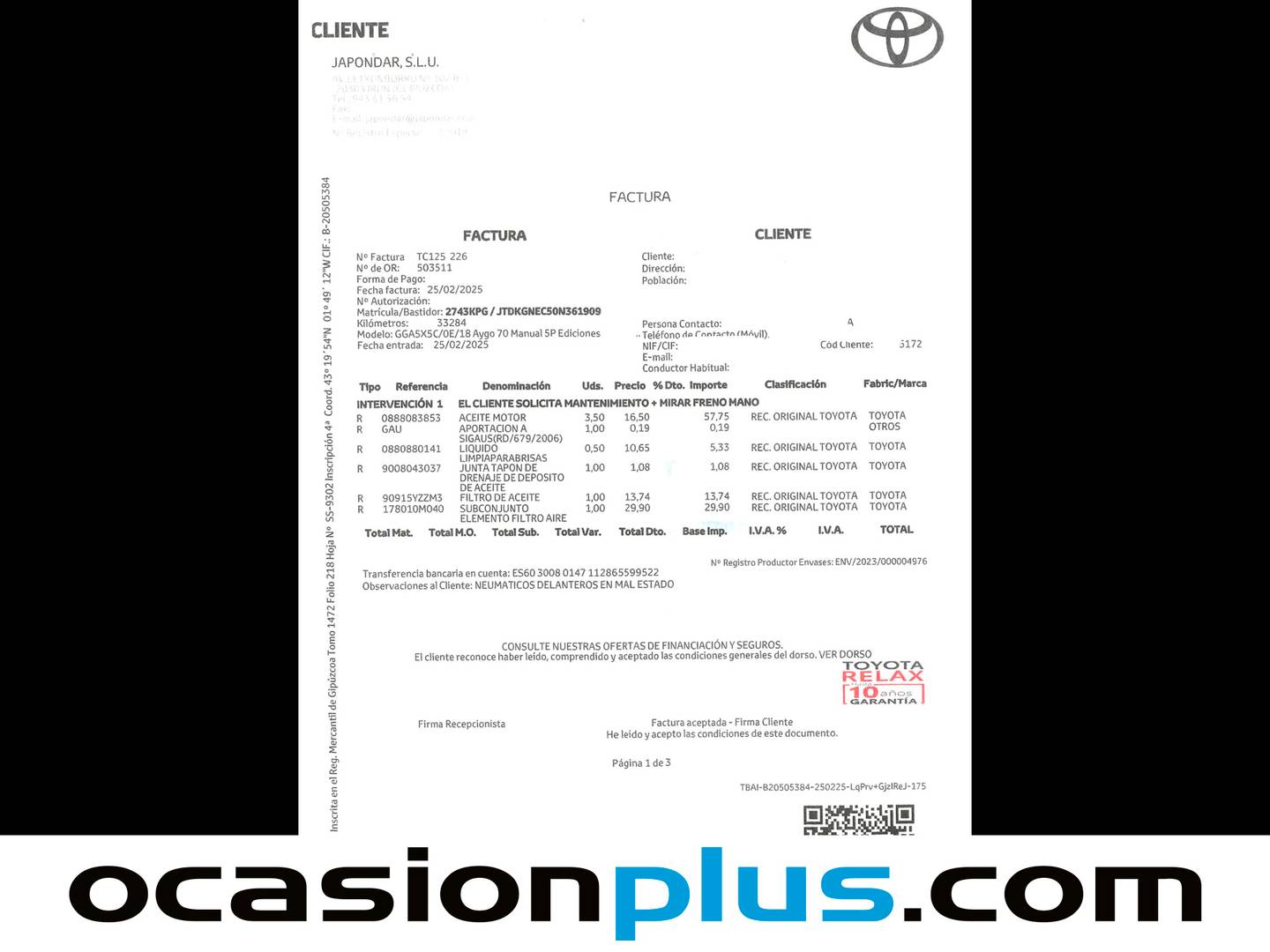 Foto del mantenimiento del Toyota Aygo Toyota Aygo 1.0 VVT-i x-play business (69 CV)