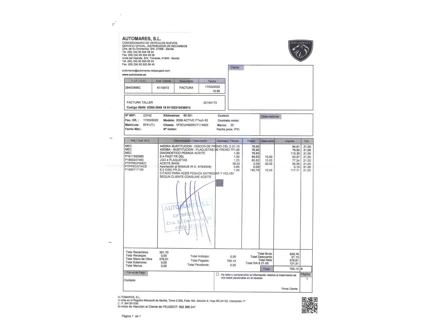 Foto del mantenimiento del Peugeot 2008 Peugeot 2008 PureTech 82 Active  (82 CV)