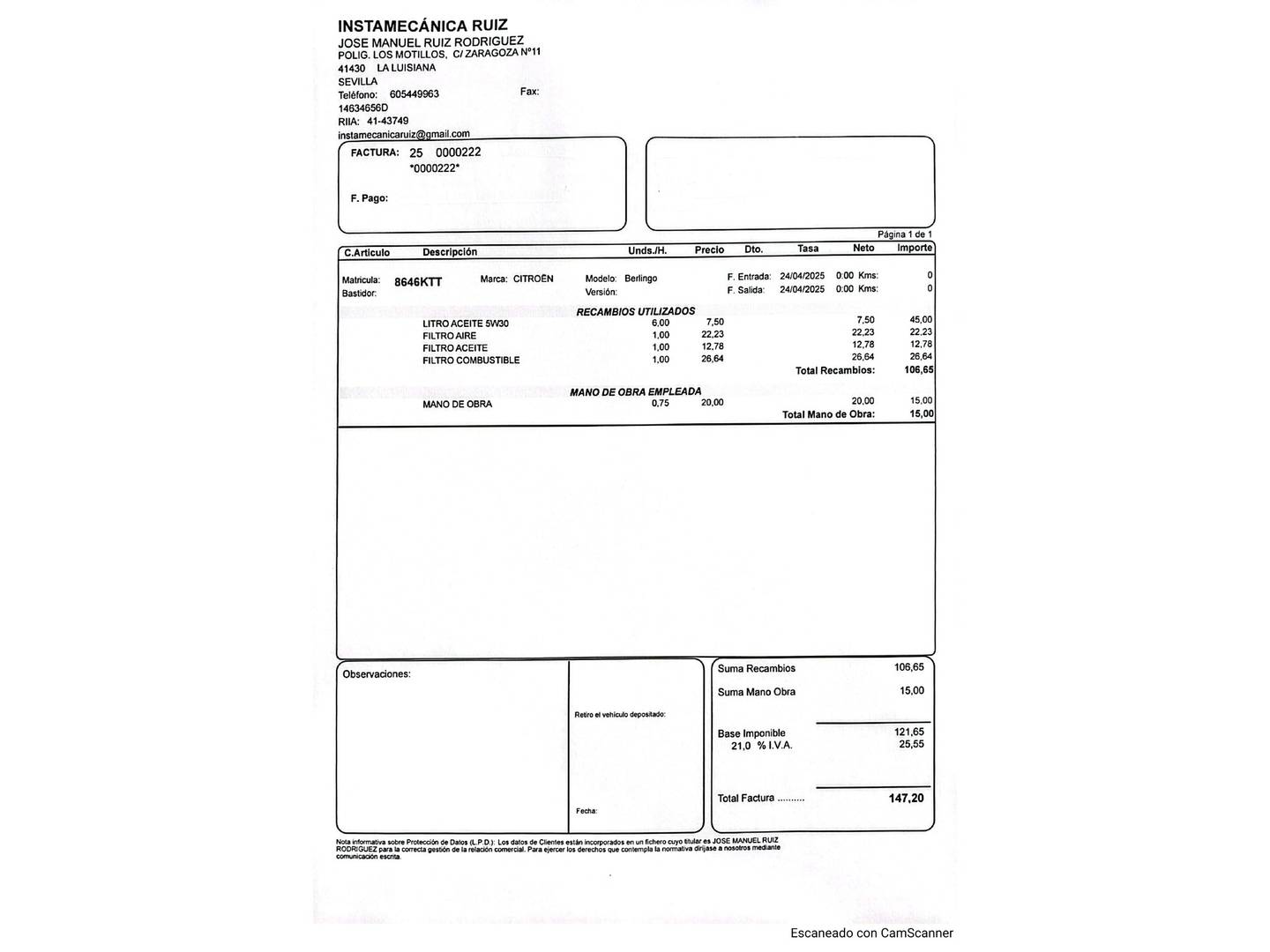 Foto del mantenimiento del Citroën Berlingo Citroën Berlingo Furgon BlueHDi 130 Driver Talla M EAT8 (131 CV)