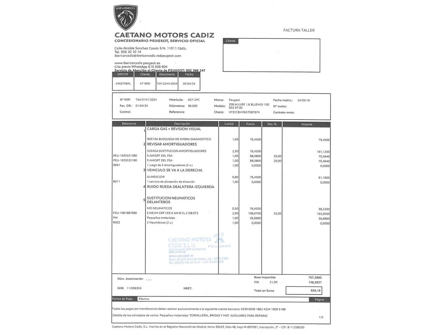 Foto del mantenimiento del Peugeot 208 Peugeot 208 BlueHDi 100 Allure (100 CV)