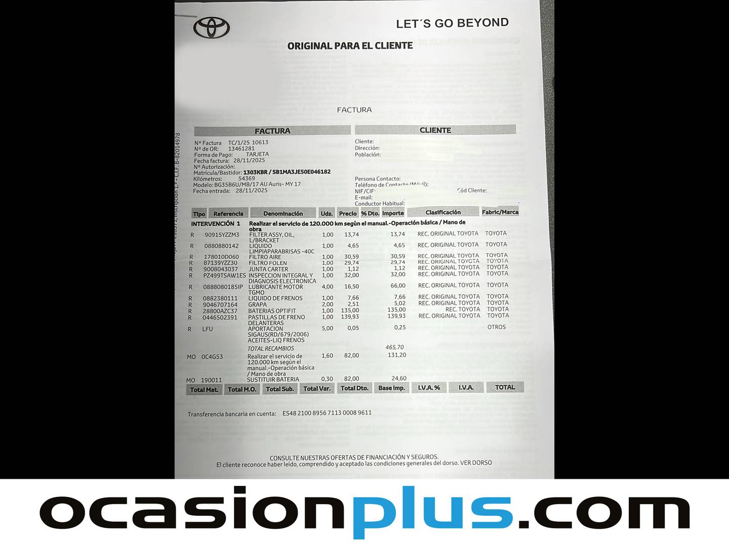 Foto del mantenimiento del Toyota Auris Toyota Auris 120T Feel! (116 CV)