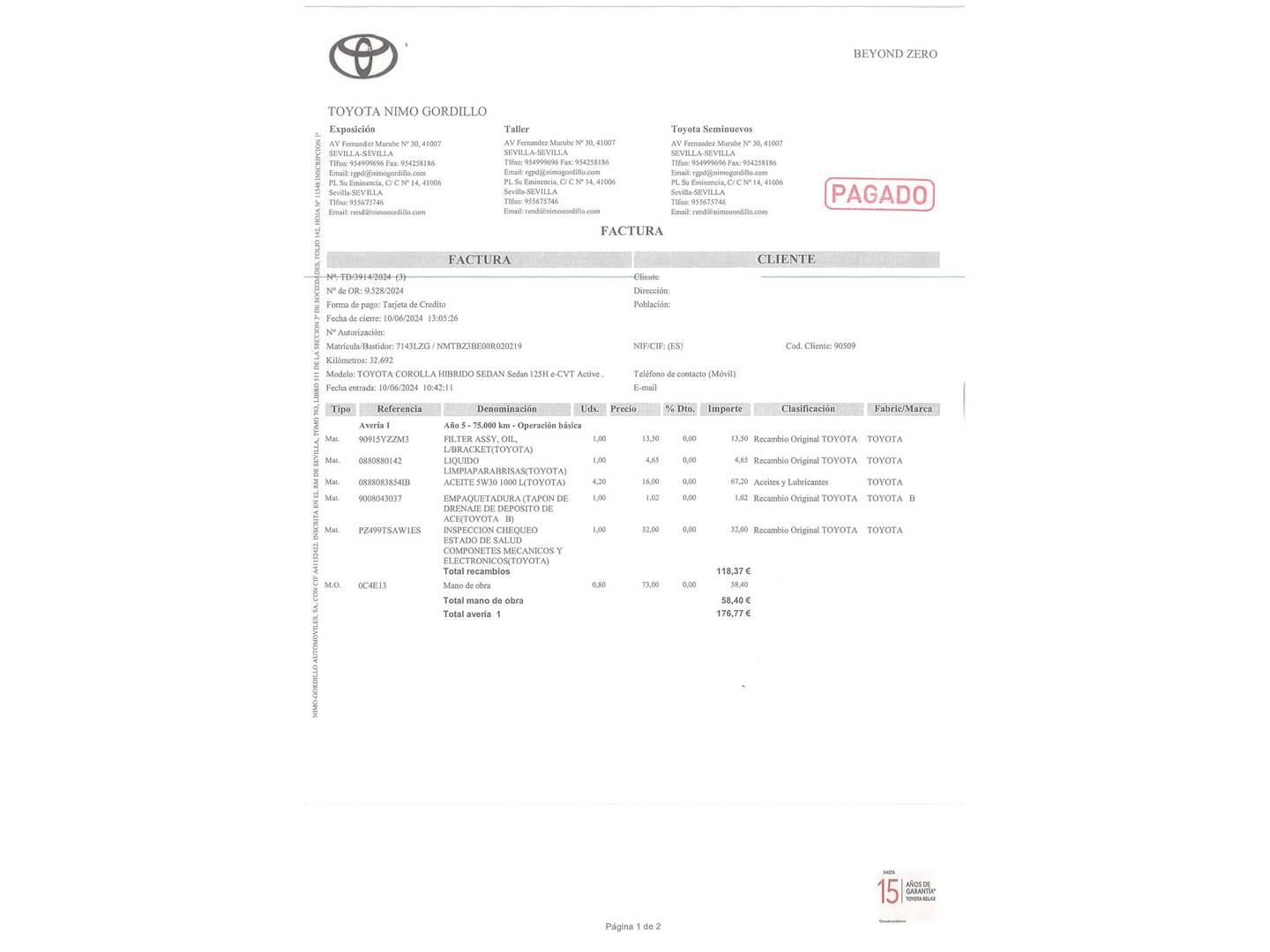 Foto del mantenimiento del Toyota Corolla Toyota Corolla 1.8 125H Business Plus E-CVT (122 CV)