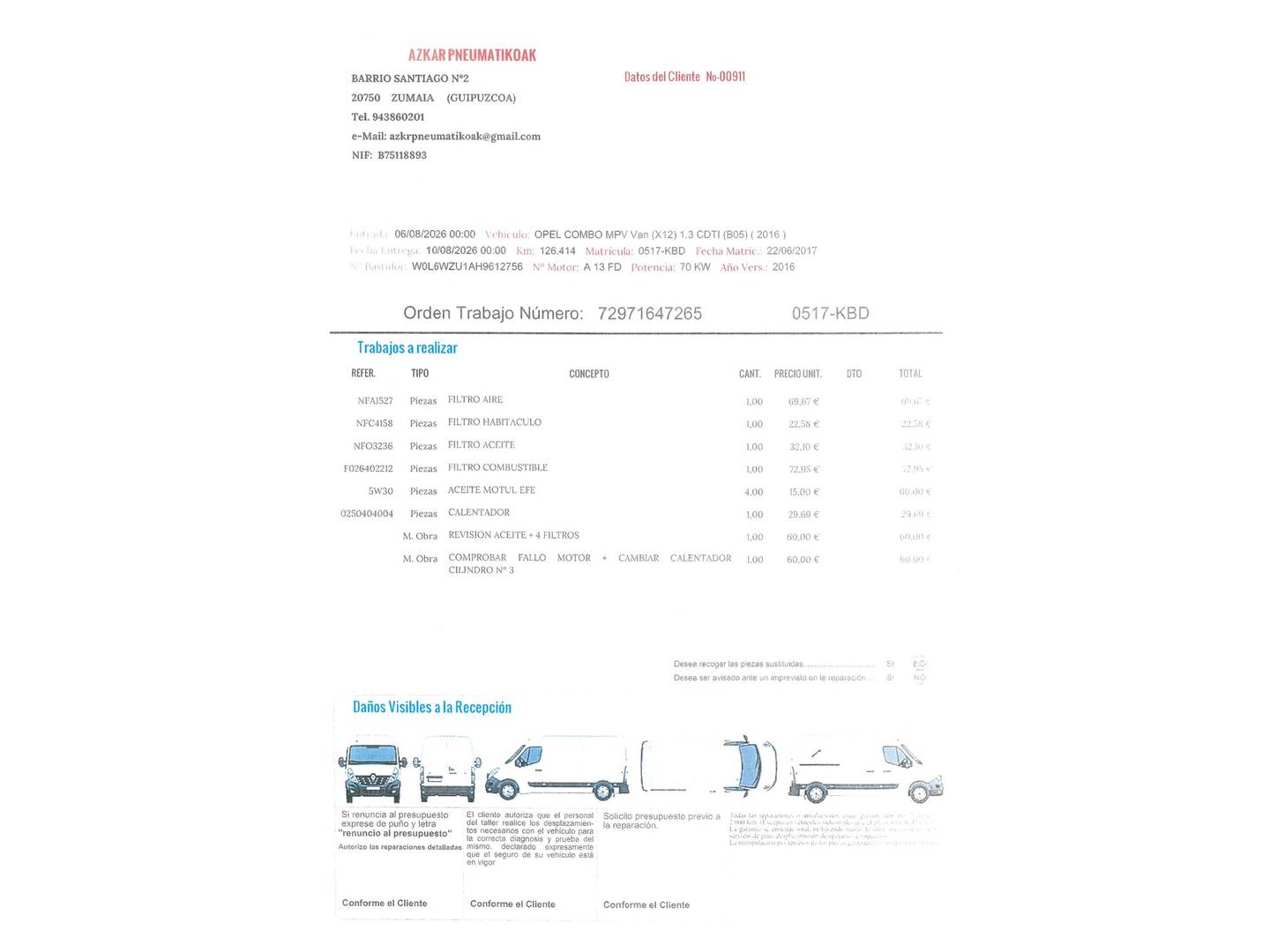 Foto del mantenimiento del Opel Combo Opel Combo Cargo 1.3 CDTI L2H1 Incrementada (95 CV)