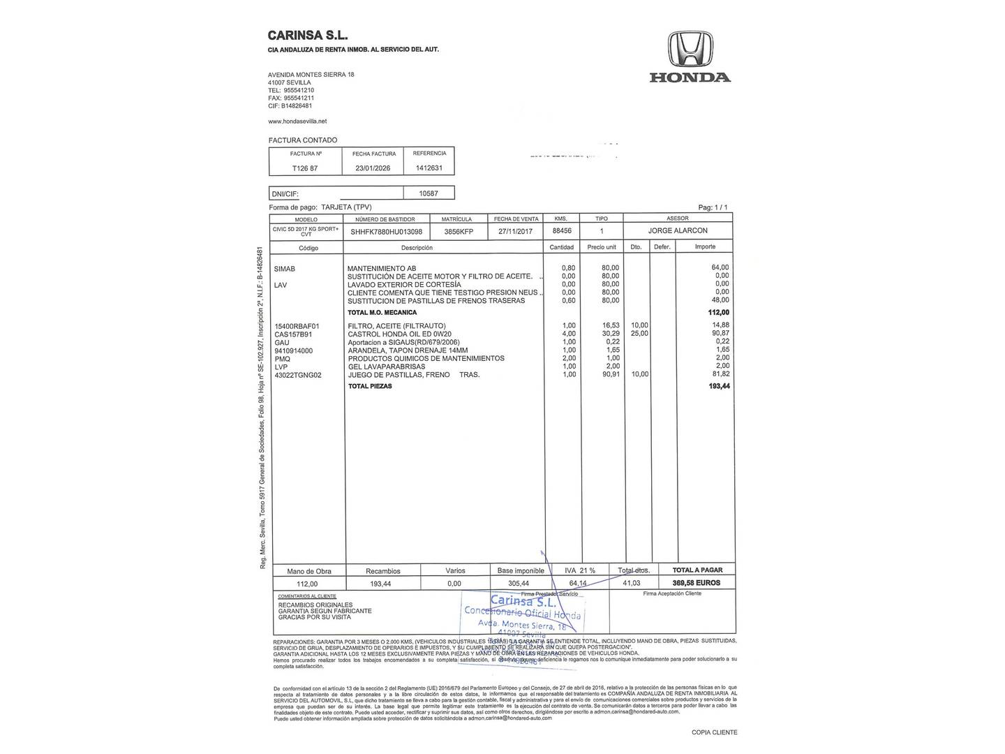 Foto del mantenimiento del Honda Civic Honda Civic 1.5 I-VTEC Turbo Sport Plus CVT (182 CV)