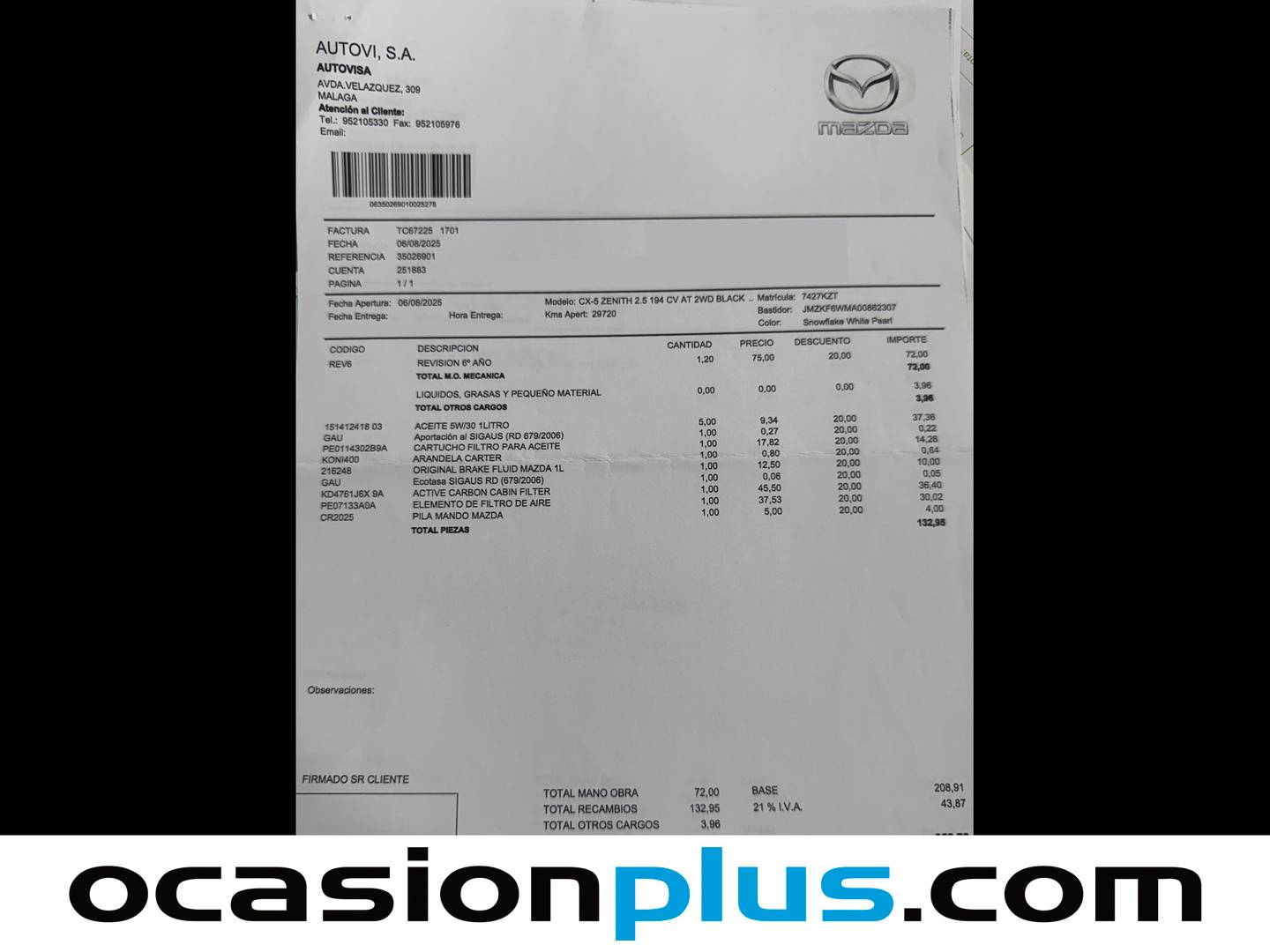 Foto del mantenimiento del Mazda CX-5 Mazda CX-5 2.5 G Zenith Safey Black Sky AT (194 CV)