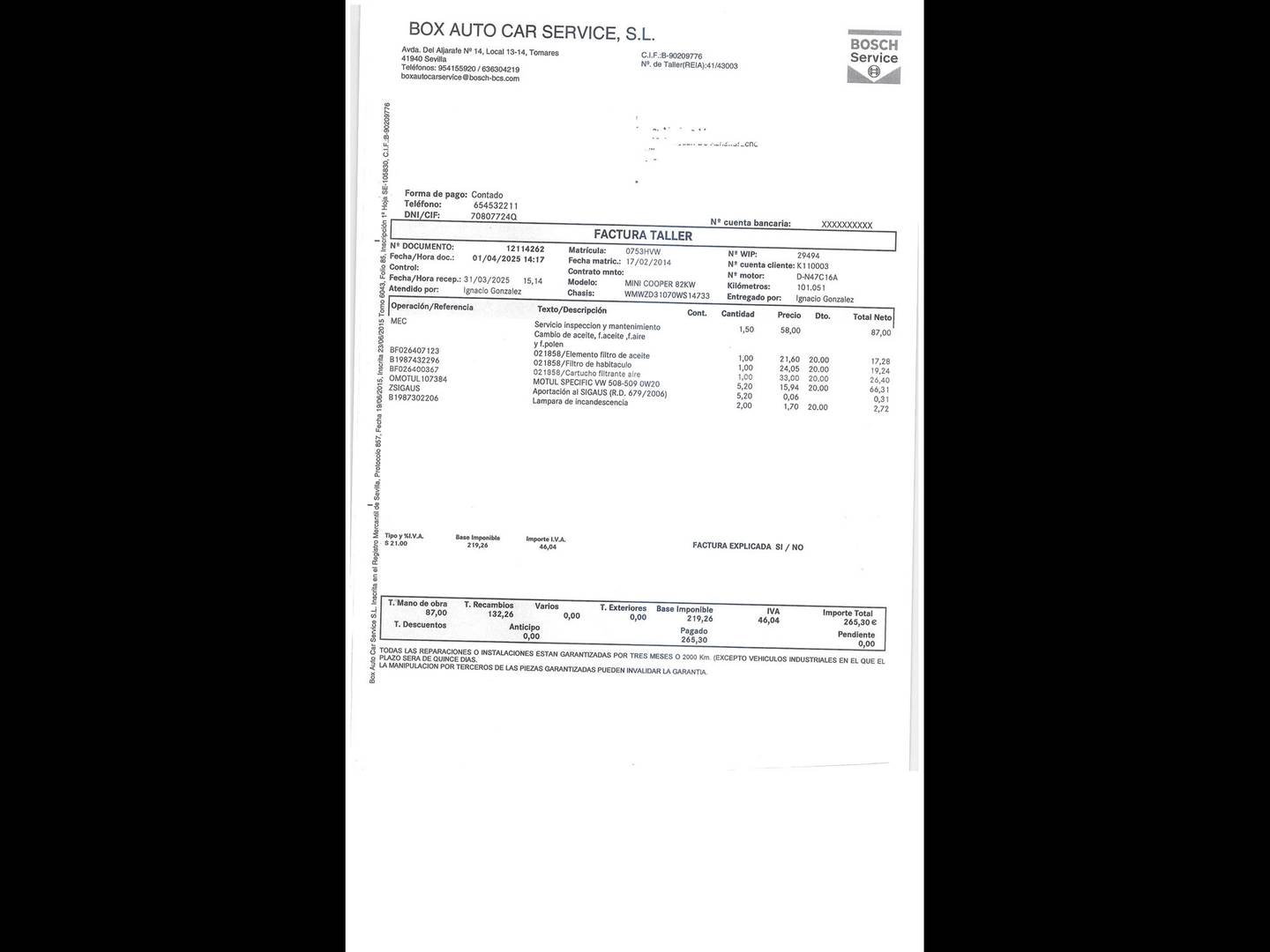 Foto del mantenimiento del Mini Countryman MINI MINI Countryman Cooper D (112 CV)