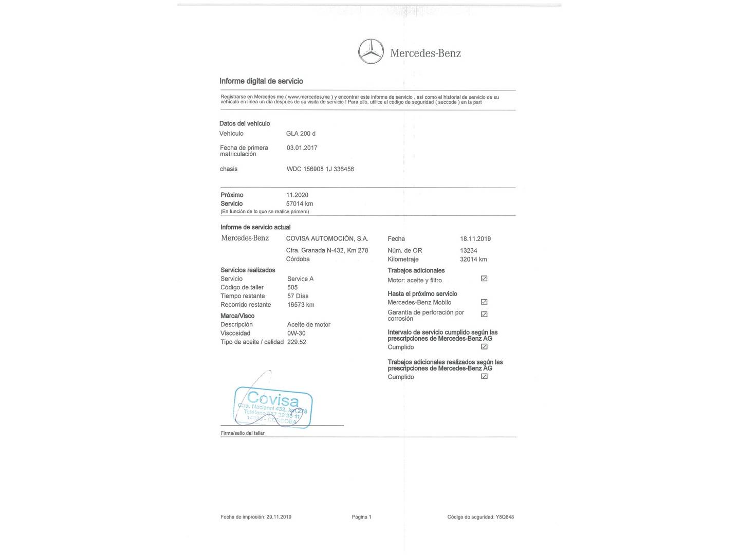 Foto del mantenimiento del Mercedes GLA Mercedes GLA 200 d Urban (136 CV)