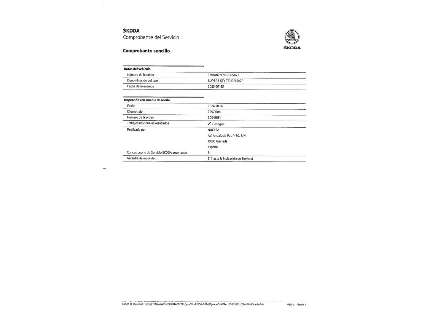 Foto del mantenimiento del Skoda Superb Skoda Superb 1.5 TSI Style DSG (150 CV)