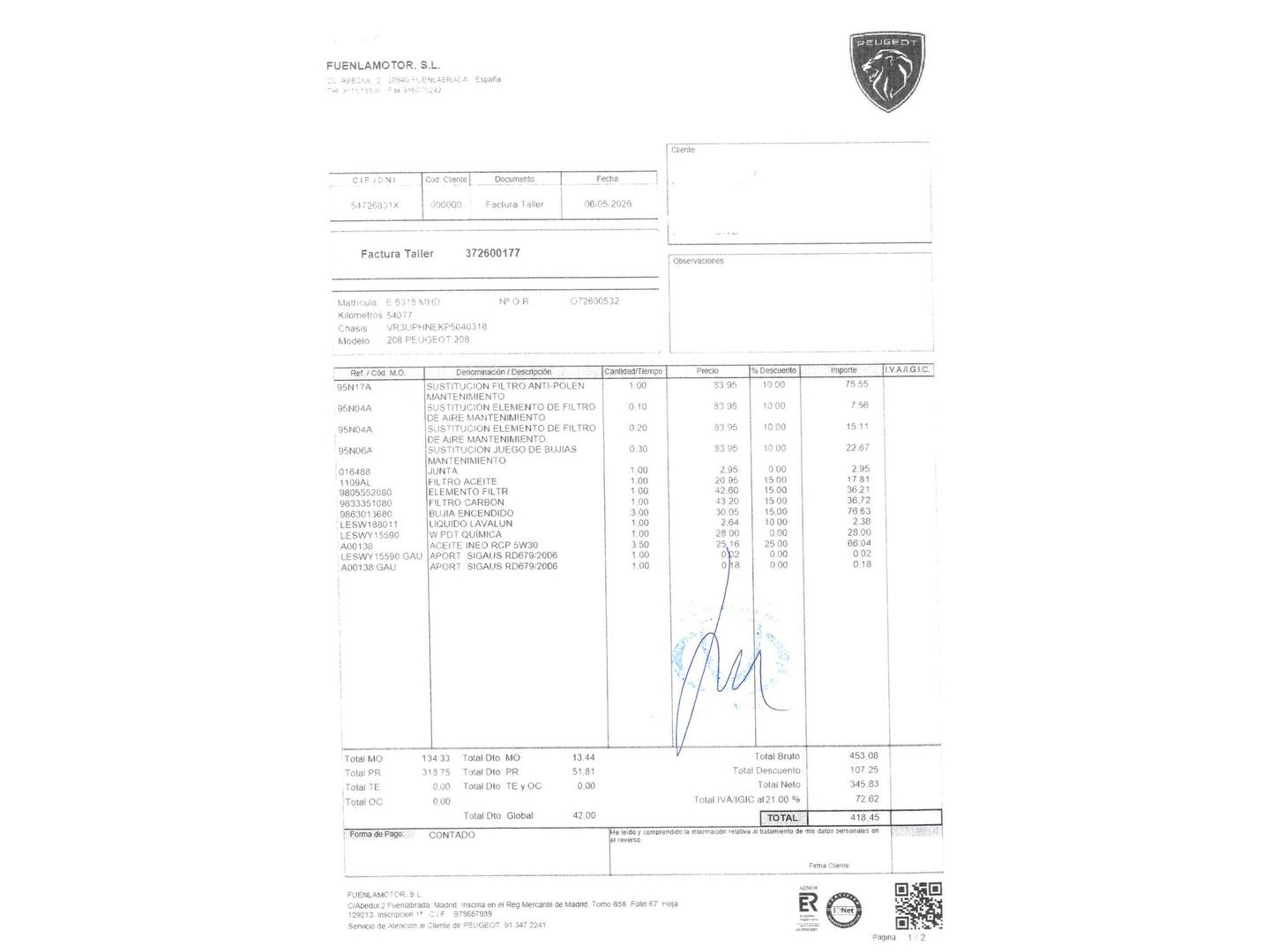 Foto del mantenimiento del Peugeot 208 Peugeot 208 PureTech 100 Allure (100 CV)