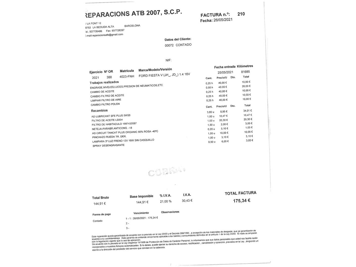 Foto del mantenimiento del Ford Fiesta Ford Fiesta 1.4 Newport (80 CV)