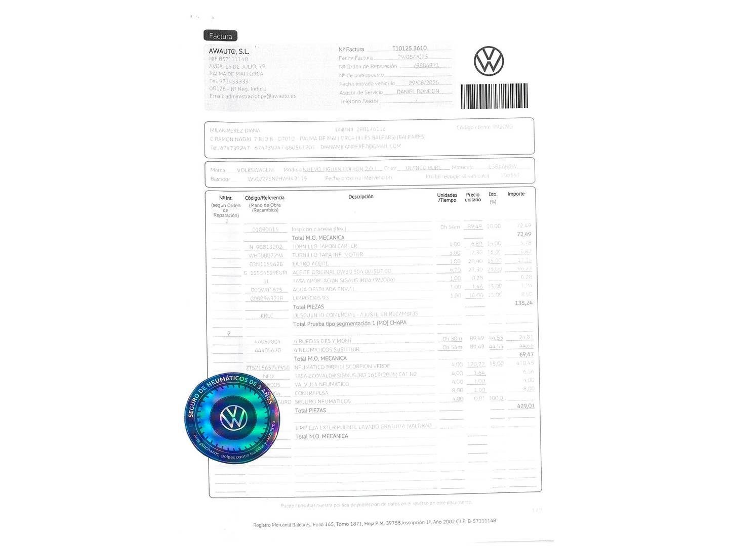 Foto del mantenimiento del Volkswagen Tiguan Volkswagen Tiguan Edition 2.0 TDI (115 CV)