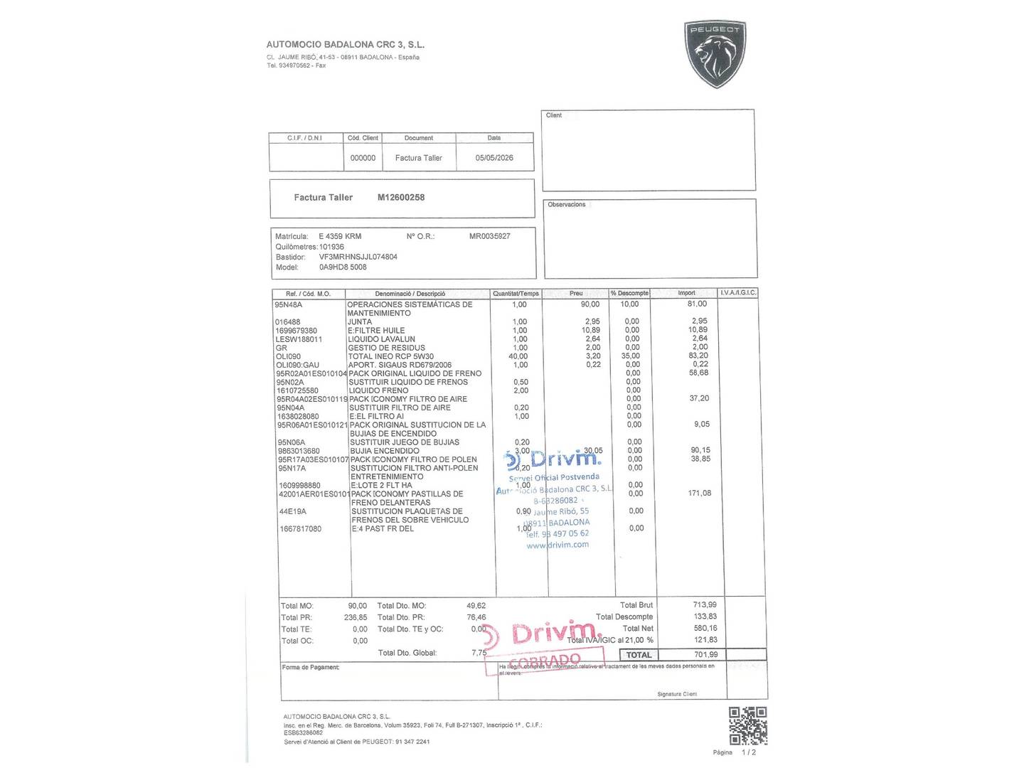 Foto del mantenimiento del Peugeot 5008 Peugeot 5008 PureTech 130 S&S Allure (130 CV) 7 Plazas